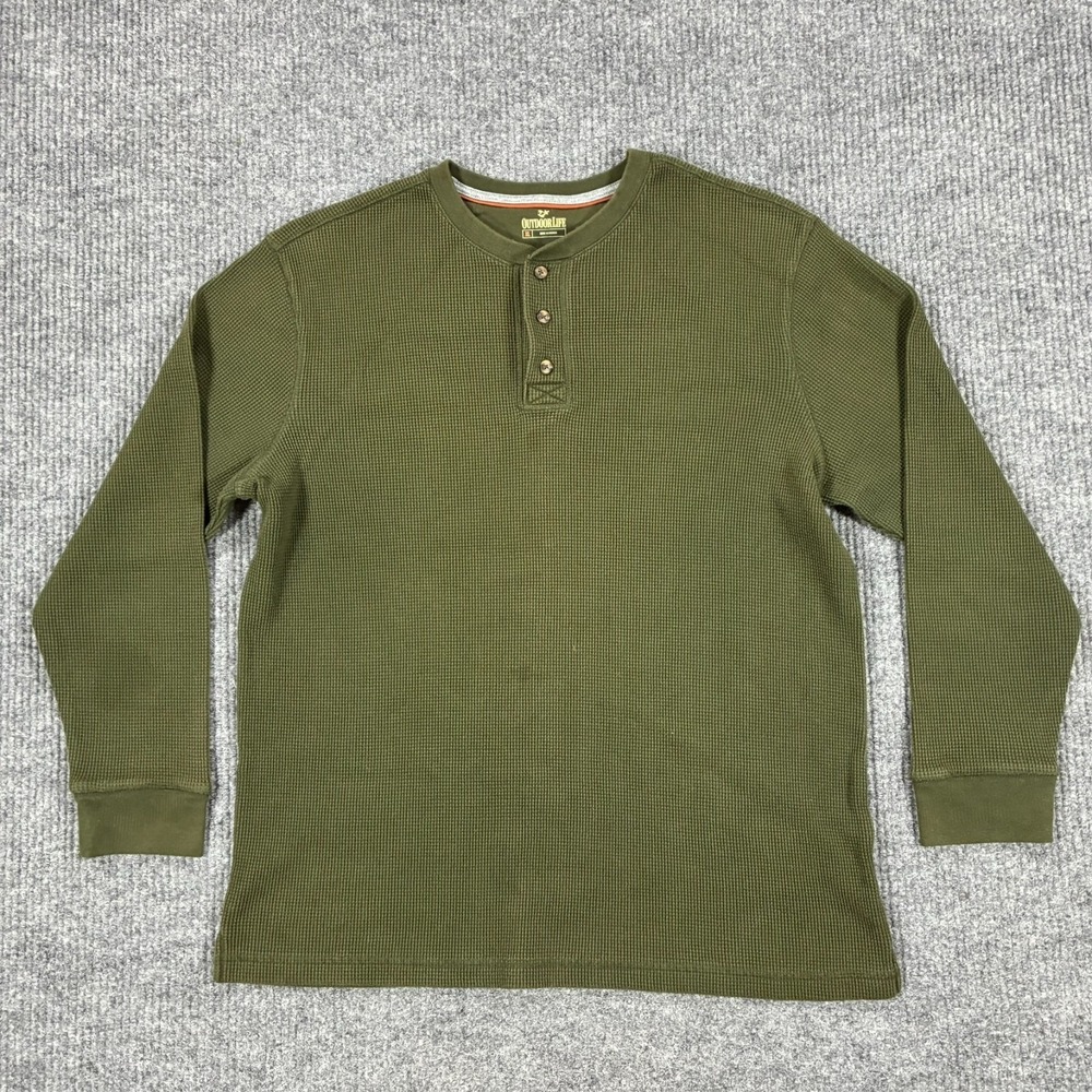 Outdoor Life Mens Waffle Knit Thermal Henley Shirt Size XL Olive Long Sleeve